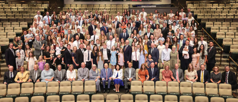 President Russell M. Nelson of The Church of Jesus Christ of Latter-day Saints and his wife Sister Wendy Nelson pose with his family during his 100th birthday celebration at the Little Theatre of the Conference Center in Salt Lake City on Monday, Sept. 9, 2024.