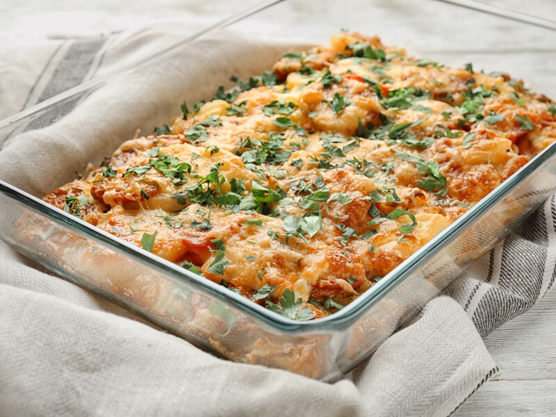 Delicious,Sausage,Casserole,In,Baking,Dish,On,Table