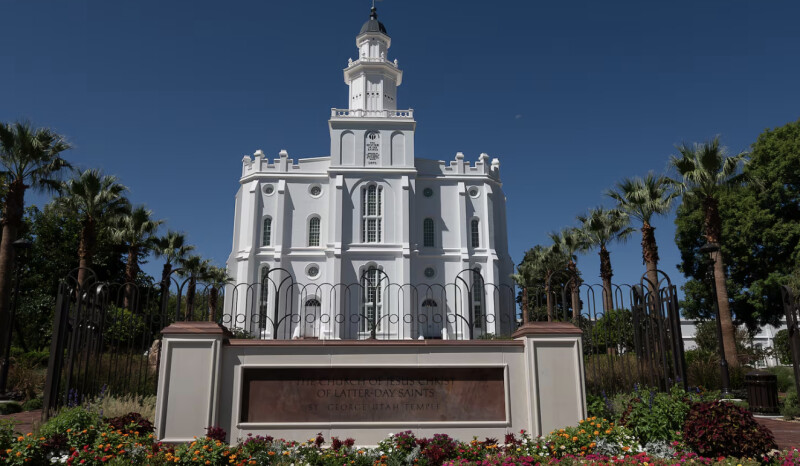 A street view of the front of the St. George Utah Temple of The Church of Jesus Christ of Latter-day Saints is pictured on Wednesday, September 6, 2023, in St. George, Utah.
