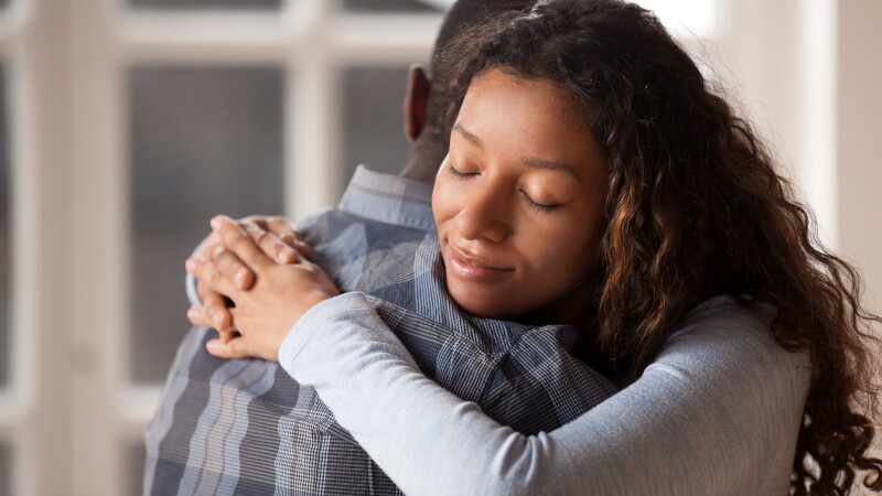 Happy,Mixed,Race,Woman,Hug,Black,Man,Husband,Glad,To