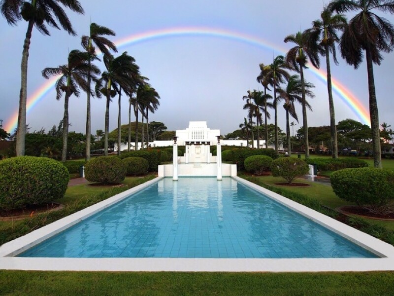 Laie Hawaii Temple with Full Rainbow