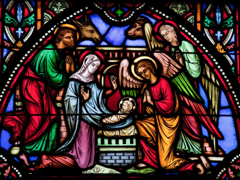 Brussels,-,July,26:,Stained,Glass,Window,Depicting,Nativity,Scene
