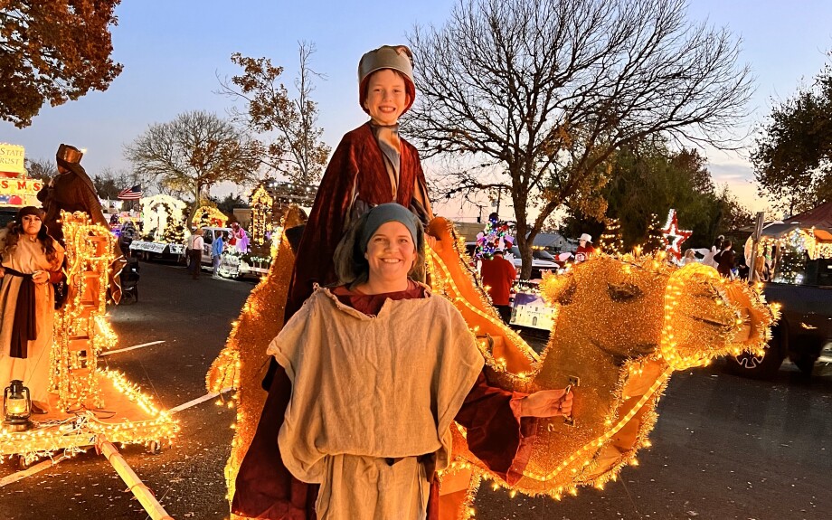 Jessica Weirich riding on one of the wise men's camels.