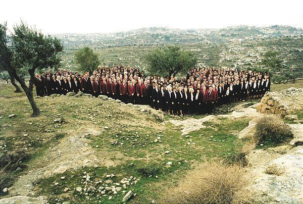 The Mormon Tabernacle Choir sings in picturesque Shepherds' Field near Bethlehem, in the West Bank, in 1992.