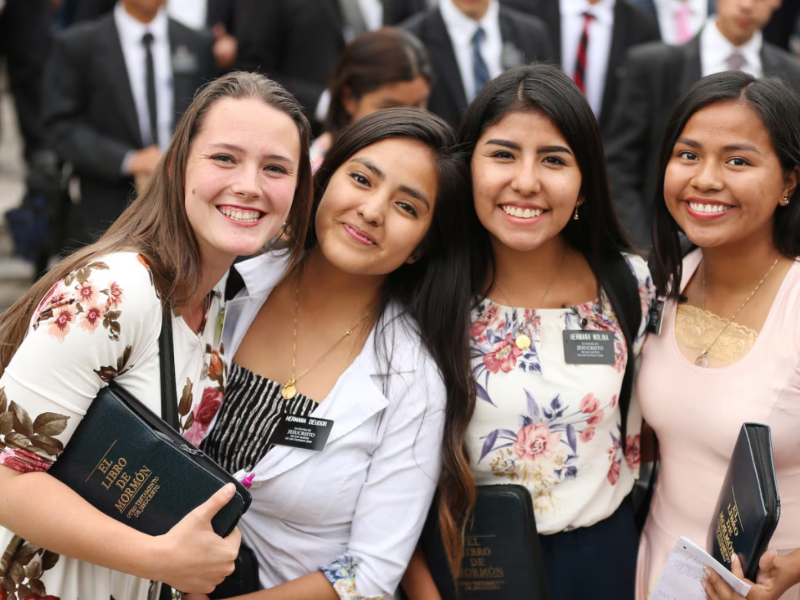 Four sister missionaries smile after a meeting in Lima, Peru, on October 20, 2018.
