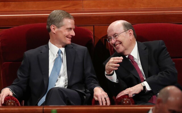 Elder Bednar and Elder Cook during the October 2018 General Conference