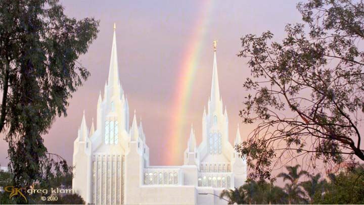 San Diego California Temple at sunset with rainbow