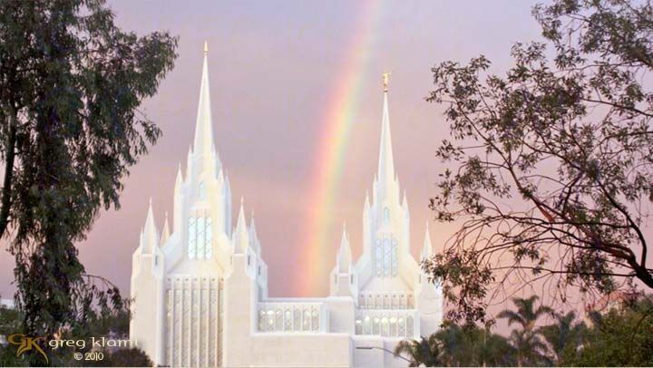 San Diego California Temple at sunset with rainbow 