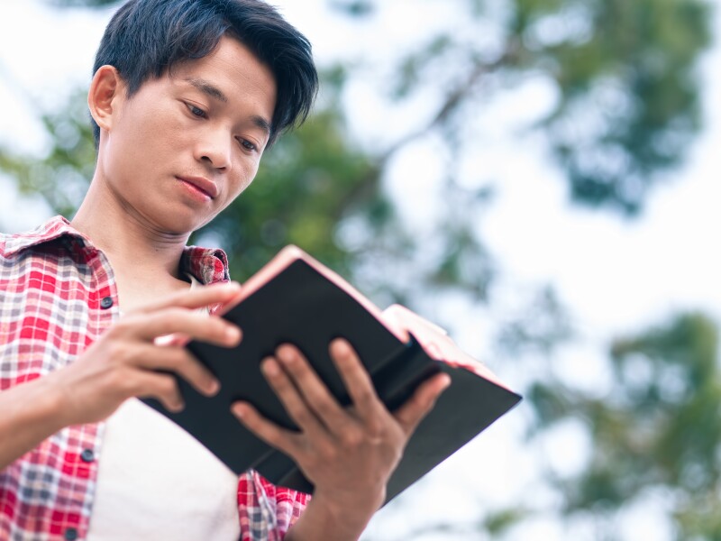 Man,Holding,And,Reading,The,Scriptures,With,A,Green,Tree