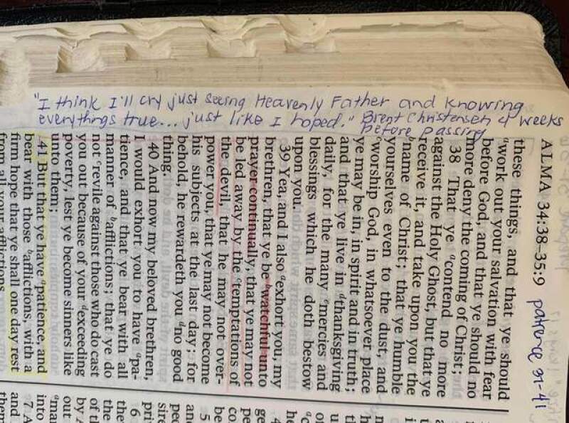 Photo of Tammy's scriptures with quote from Laurel's Father: