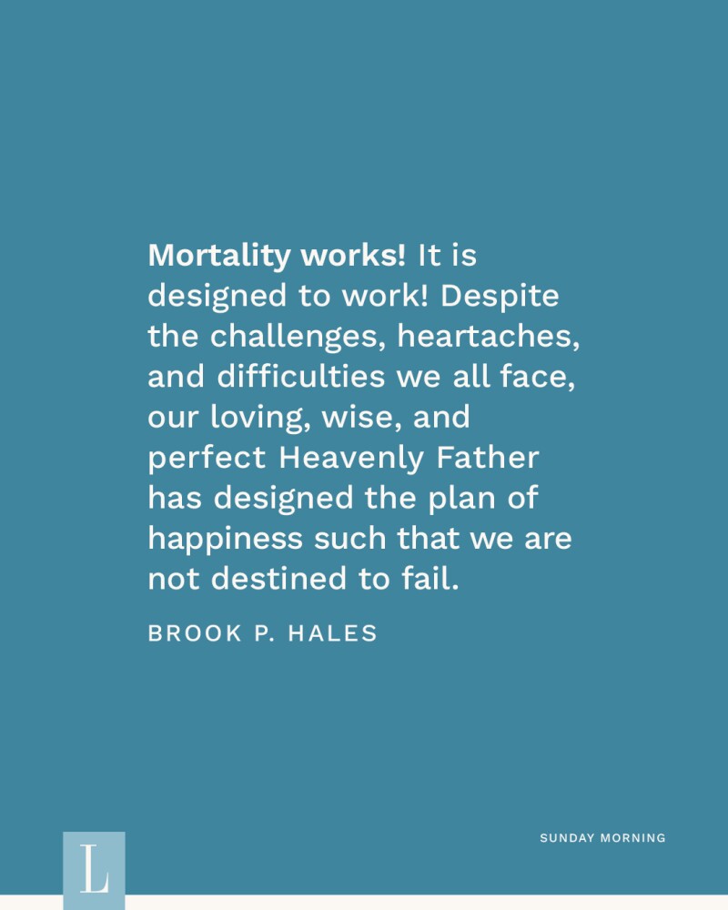 Mortality works! It is designed to work! Despite the challenges, heartaches, and difficulties we all face, our loving, wise, and perfect Heavenly Father has designed the plan of happiness such that we are not destined to fail. —Brook P. Hales