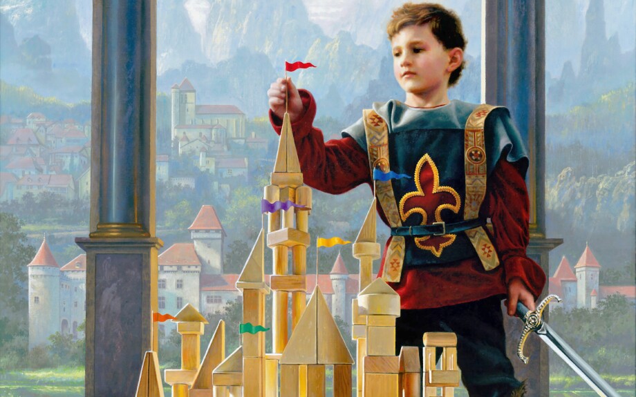 A painting of a boy wearing a knight costume building a castle tower of blocks.