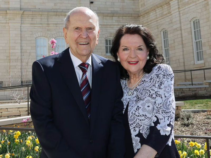 President Russell M. Nelson of The Church of Jesus Christ of Latter-day Saints and Sister Wendy W. Nelson smile prior to the rededication of the Manti Utah Temple in Manti, Utah, on Sunday, April 21, 2024.