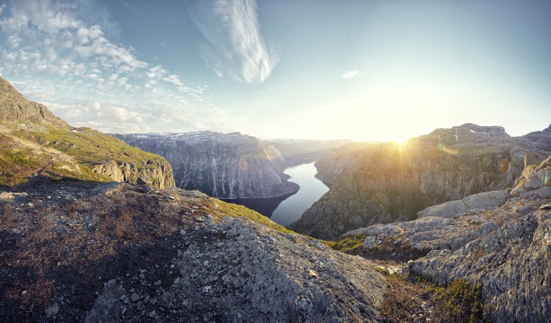 Mountainous landscape and fjord at sunset, Norway