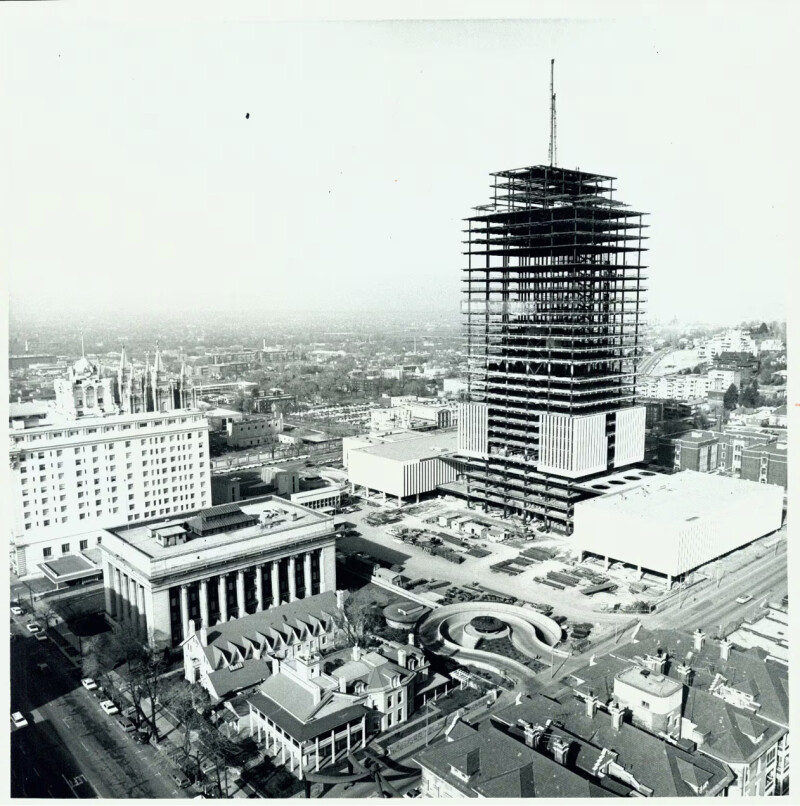 A photo taken Feb. 2, 1971, shows the 28-story Church Office Building before the placement of its final steel girder three days later, marking the finish of the steel work.