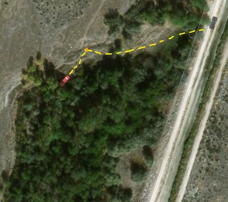 The path that Chris wandered on foot after getting out of his car. The orange dot marks the place where he was standing when he spotted the truck sitting there, in the middle of nowhere.