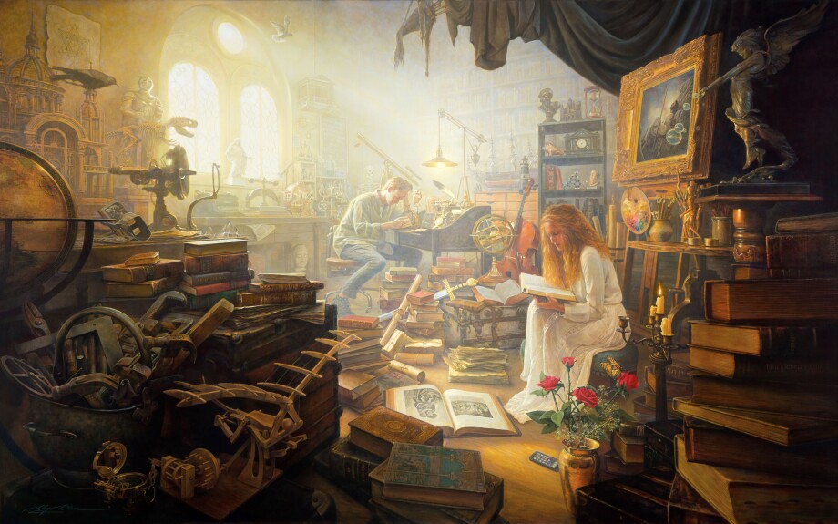 A painting of a young woman and a young man studying together in a room filled with objects representing the pursuit of learning.