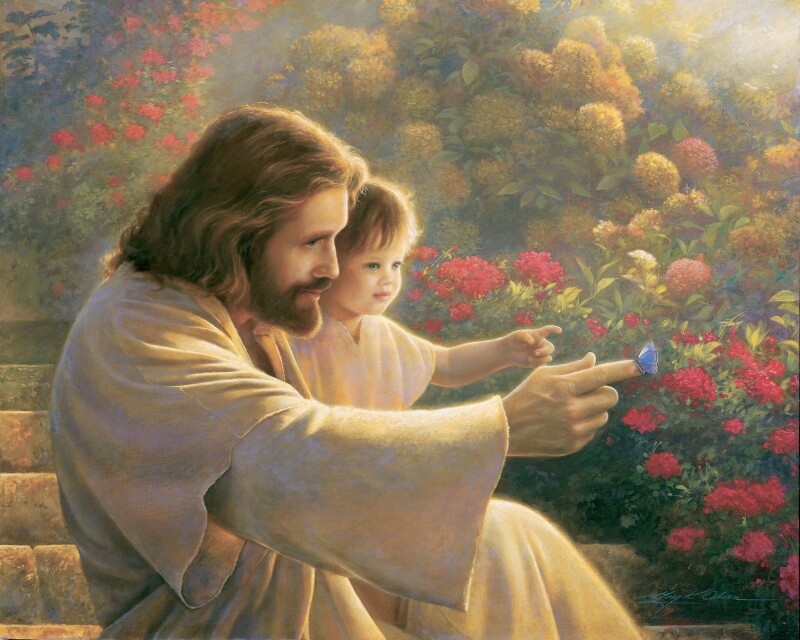 Christ shows a young child a butterfly on His outstretched finger.