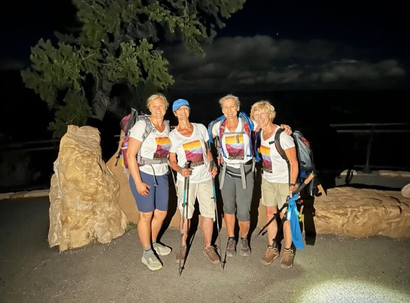 Posing by the finish line at Bright Angel from left to right, Lynnette, Fran, Brenda, and Laurie.