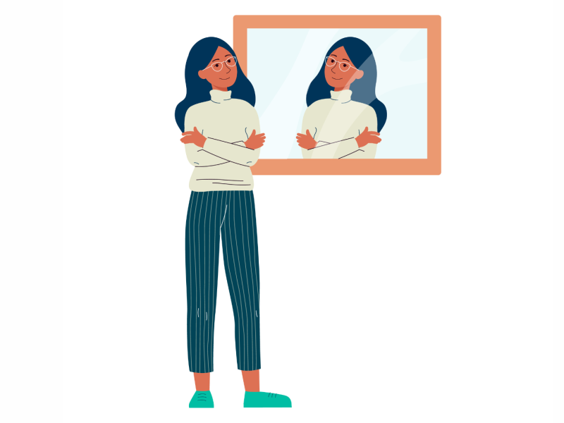 Illustration of a happy woman smiling at herself in the mirror.