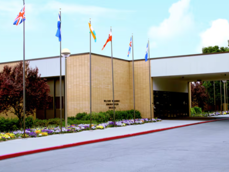 A photograph of the external portion of the Provo Missionary Training Center that houses administrative offices and the cafeteria.