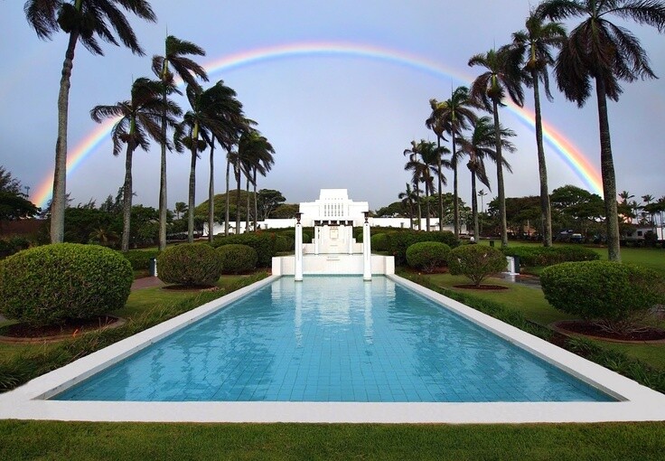 Laie Hawaii Temple with Full Rainbow