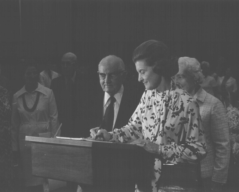 First Lady Betty Ford with President Kimball at the DC Temple dedication crop.jpg