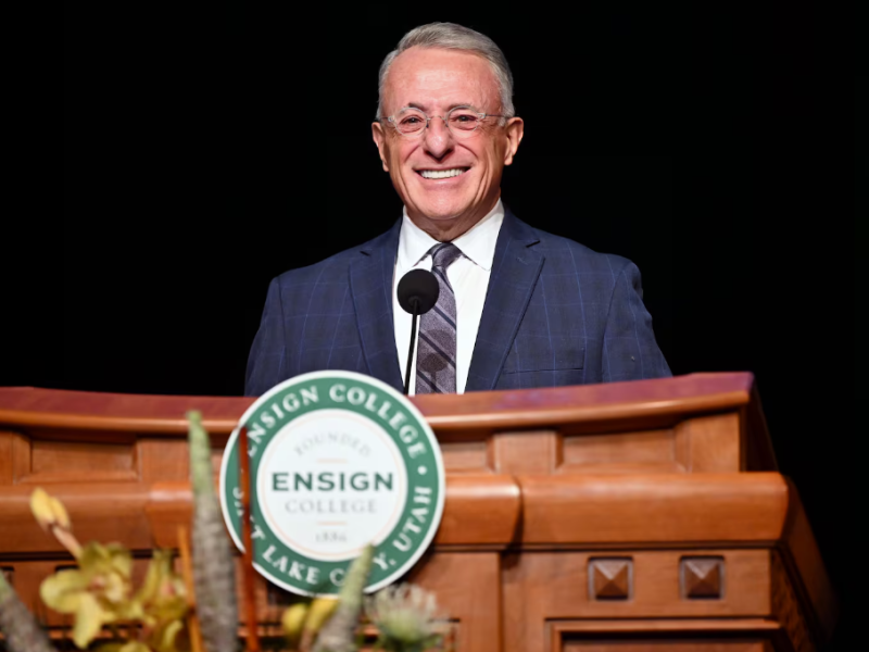 Elder Ulisses Soares of the Quorum of the Twelve Apostles speaks to the students and faculty of Ensign College at their weekly devotional at the Conference Center Theater in Salt Lake City, on Tuesday Jan. 21, 2025.