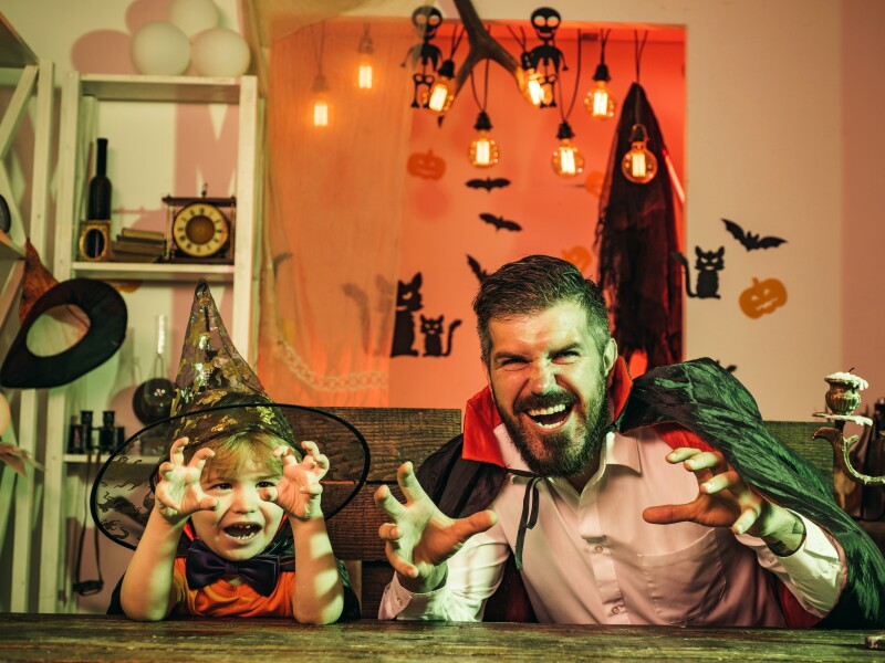 Scary,Stories.,A,Terrible,Night,On,Halloween.,Father,And,Son