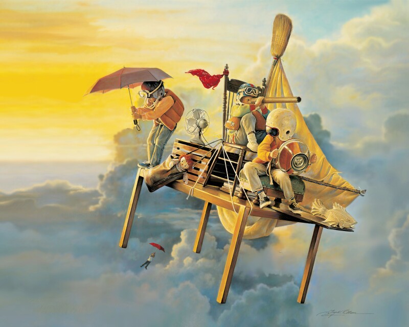 A painting of kids playing on a kitchen table and imagining they are flying in the clouds.