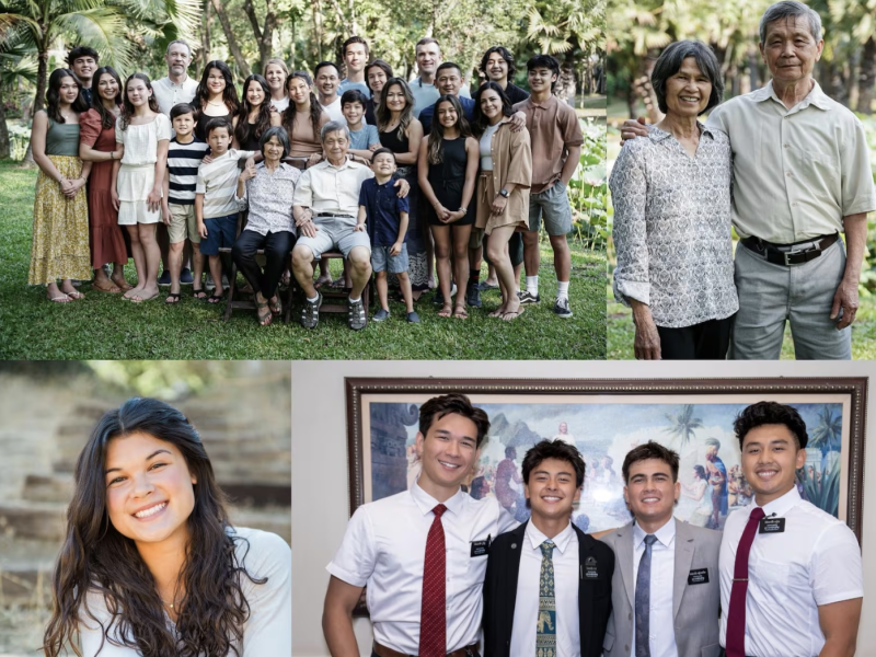 A compilation of an extended family photo, a couples photo, a portrait of a young woman, and a photo of four LDS missionaries.