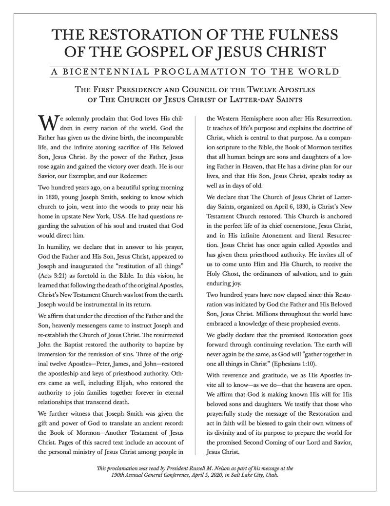 Read the New Proclamation: The Restoration of the Fulness of the Gospel of Jesus Christ - LDS Living