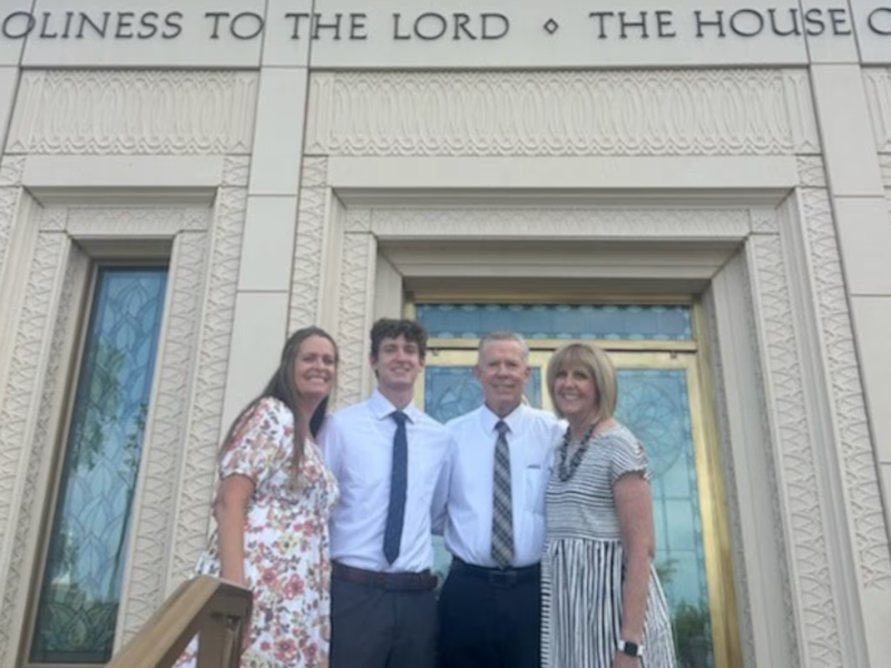 From left to right: Katie Bodell, Gavin Bodell, Chuck Steadman, and Therese Steadman pose for a photo outside the Gilbert Arizona Temple on Aug. 26, 2025, following their Tuesday temple shift.