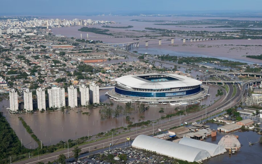 The Gremio Arena and surrounding area are flooded after heavy rain in Porto Alegre, Rio Grande do Sul state, Brazil, Wednesday, May 8, 2024.