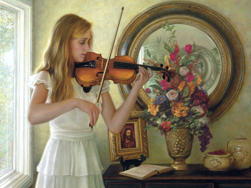 A painting of a young woman playing the violin with a painting of Jesus Christ in the background.