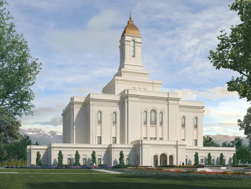 An artistic rendering of the Deseret Peak Utah Temple, previously known as the Tooele Valley Utah Temple.
