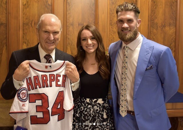 LDS baseball player Bryce Harper with President Russell M Nelson