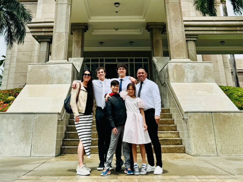 The Alcantar family (from left to right: Ange, Zander, Sawyer, Drezen, Ambery-Jae, and Sal) at the Santo Domingo Dominican Republic Temple.