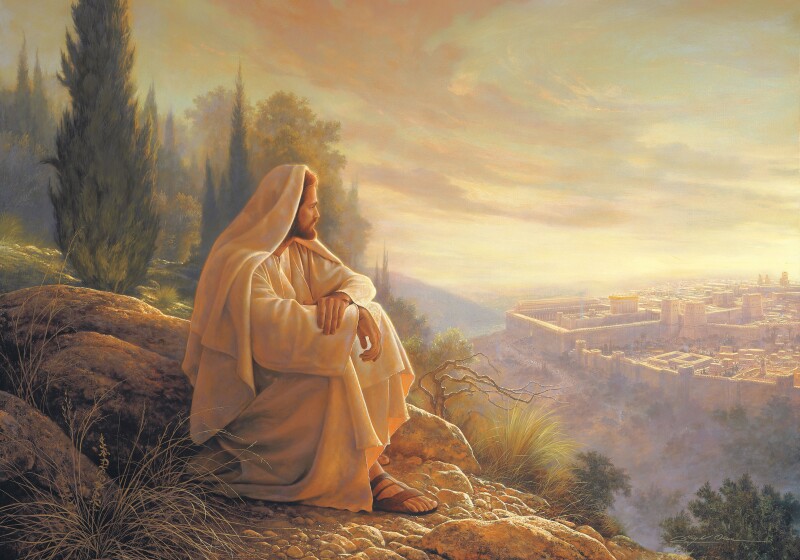 A painting of Christ sitting on a hill overlooking the city of Jerusalem.