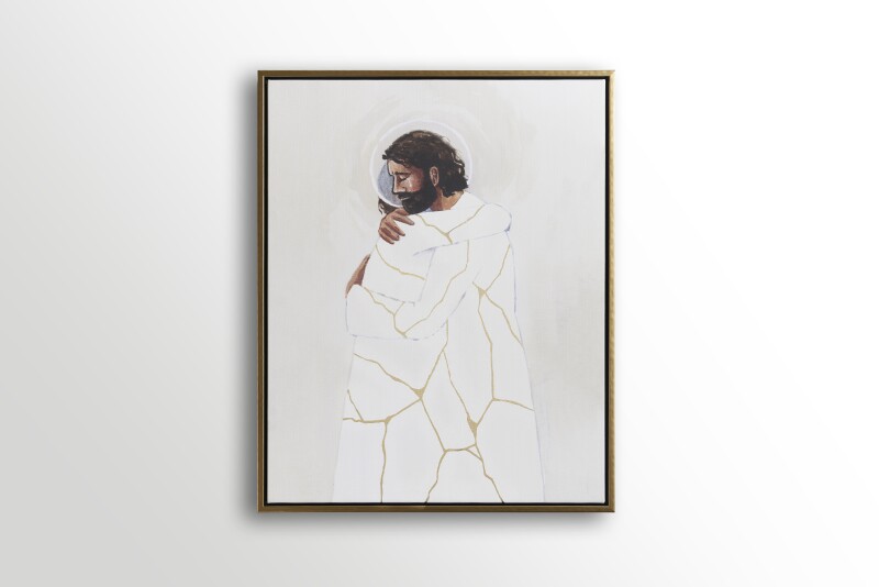 A kintsugi-style painting of Jesus Christ comforting someone.