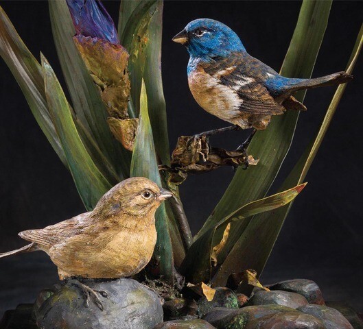 President Packer's Woodcarving, Pair of Lazuli Buntings with Iris