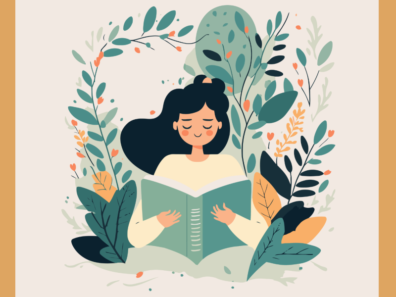 Illustration of a woman reading a book surrounded by plants.