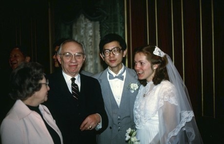 Elder and Sister Gong with President Hinckley on their wedding day