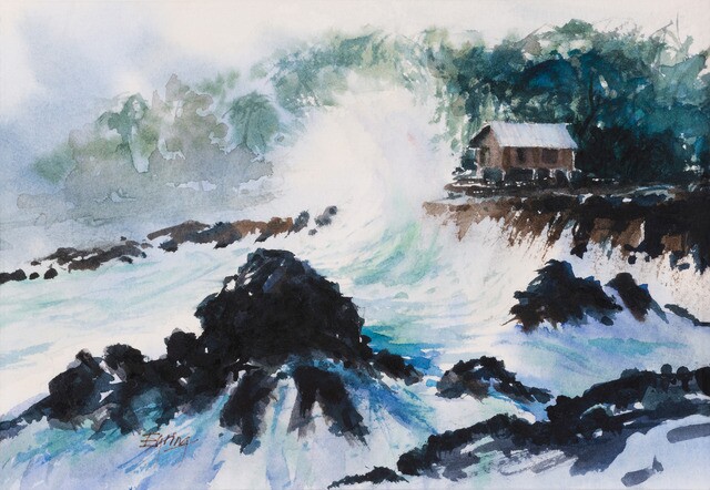 President Henry B. Eyring's watercolor of the surf in Hawaii