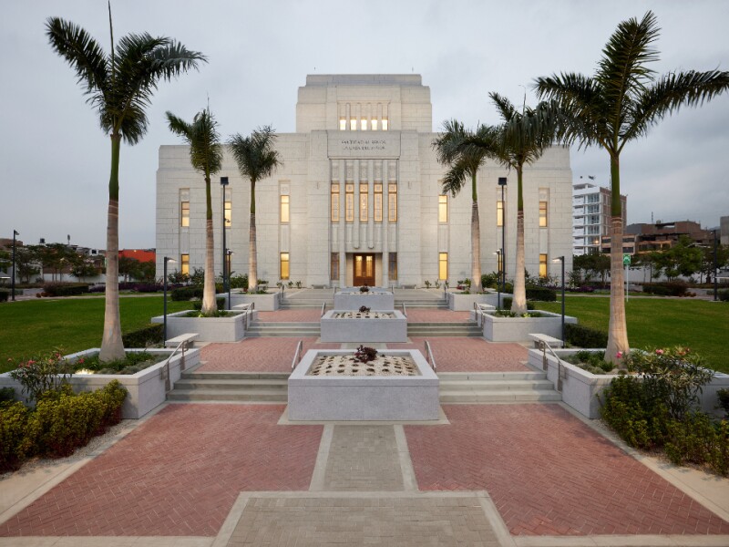 The exterior and beautiful grounds of the new Lima Peru Los Olivos Temple.