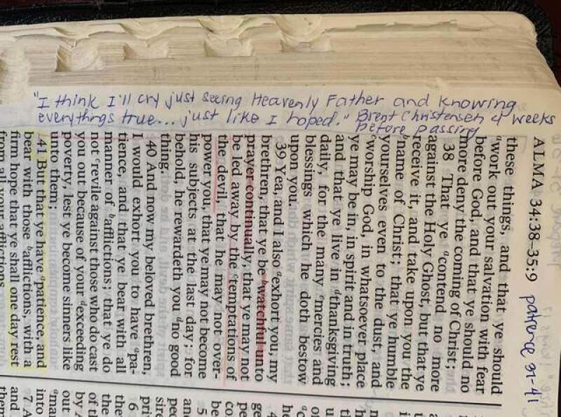 Photo of Tammy's scriptures with quote from Laurel's Father: 