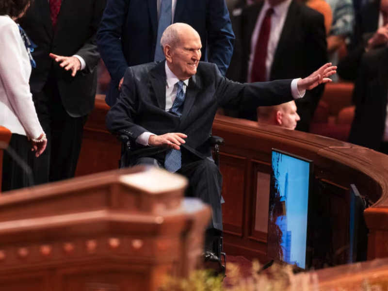 President Russell M. Nelson, of The Church of Jesus Christ of Latter-day Saints, waves to conferencegoers as he enters the afternoon session of the 194th Semiannual General Conference of The Church of Jesus Christ of Latter-day Saints at the Conference Center in Salt Lake City on Sunday, Oct. 6, 2024.