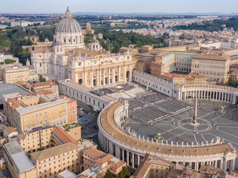 Aerial view of the Papal Basilica of Saint Peter in the Vatican located in Rome, Italy.