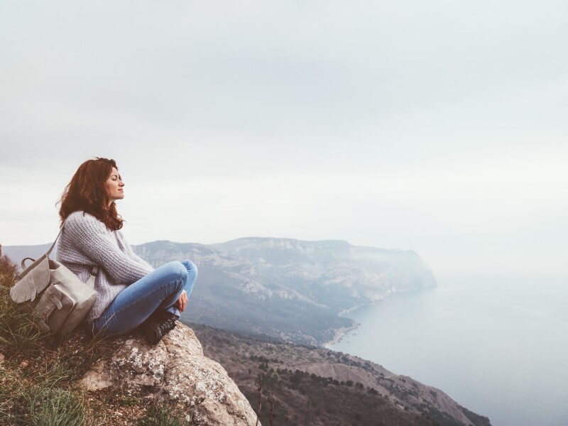 Girl,Travel,In,Mountains,Alone.,Spring,Weather,,Calm,Scene.,Backpacker