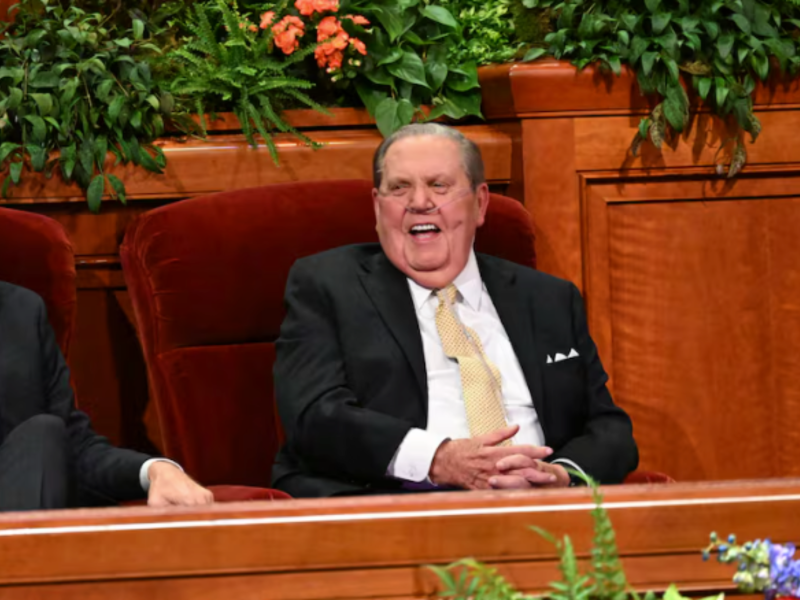 President Jeffrey R. Holland, acting president of the Quorum of the Twelve Apostles, right, talks with Elder Brian K. Taylor, a General Authority Seventy and president of the Church’s Utah Area, before the closing devotional of the 2025 Utah Area Young Single Adult Conference, held in the Conference Center in Salt Lake City on Sunday, August 31, 2025.